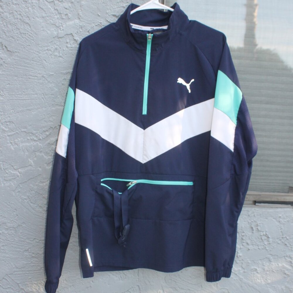 Puma Training Navy Blue Green Reactive Jacket Men Size Medium Packable Pullover